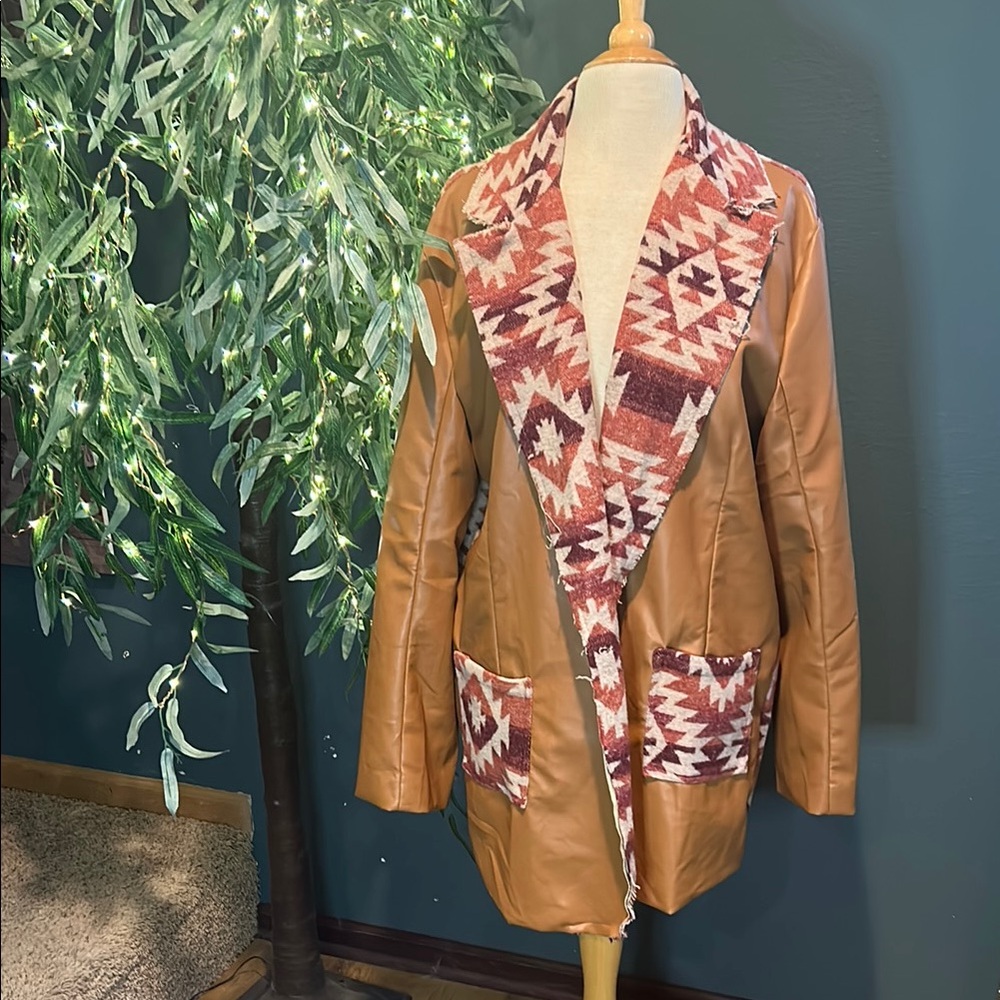 Tribal Patterned Tan Leather Jacket